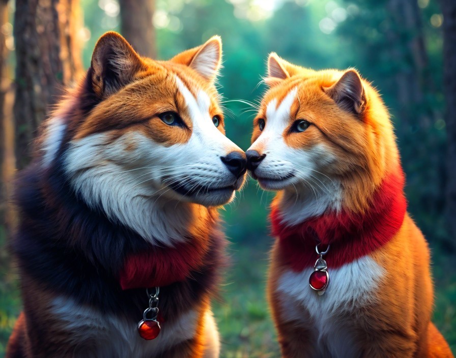 Two Dogs with Orange and White Fur in Forest Setting