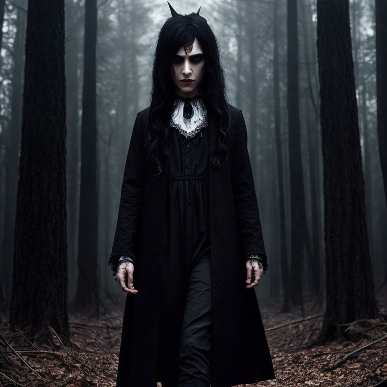 Gothic Figure in Foggy Dark Forest Setting