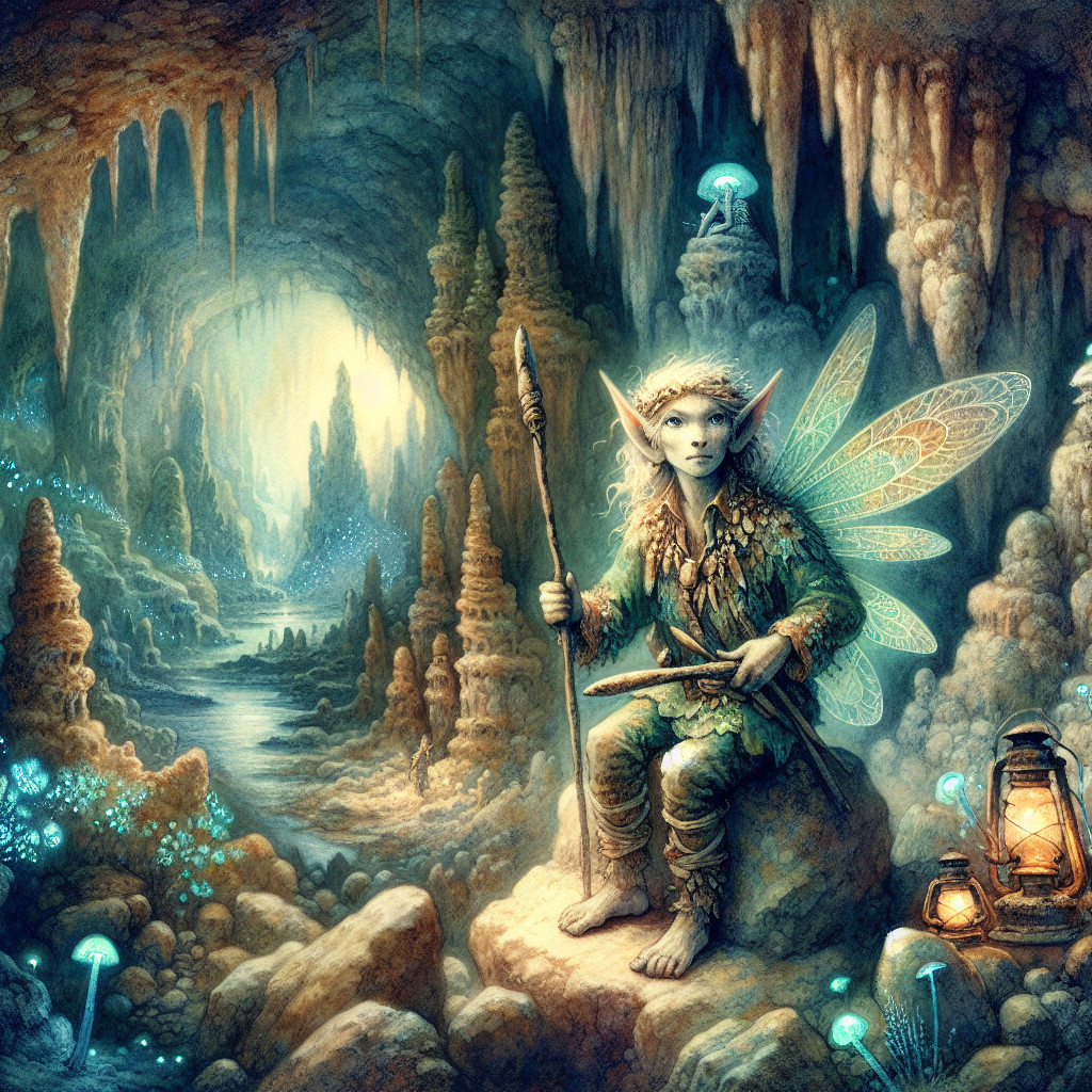 Fairy-like Figure in Mystical Cave with Glowing Fungi