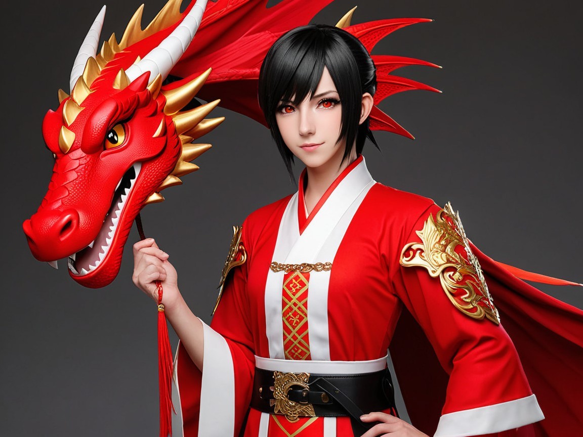 Digital Art Portrait of Young Woman with Dragon Puppet