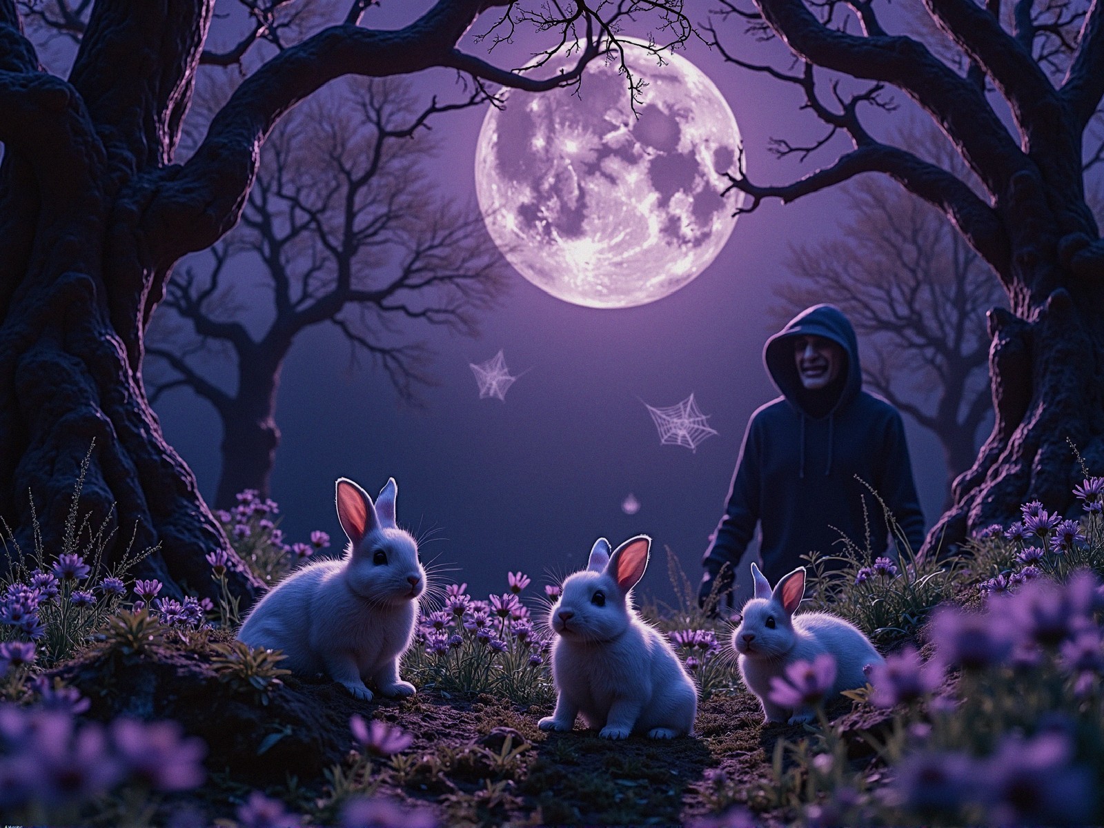 Twilight Scene with Rabbits and Moonlit Forest Elements