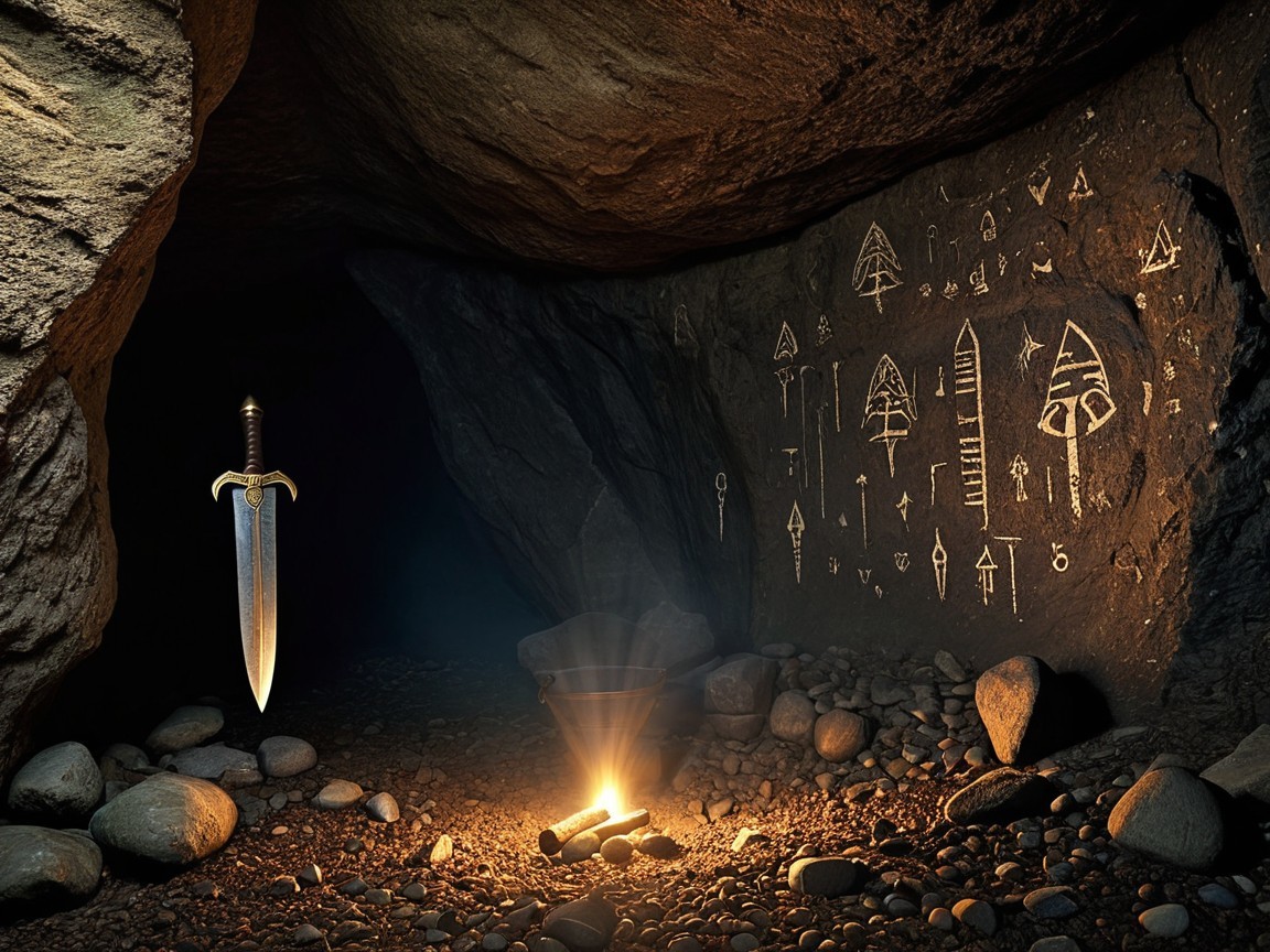 Ancient Rock Carvings and Gleaming Sword in Cave