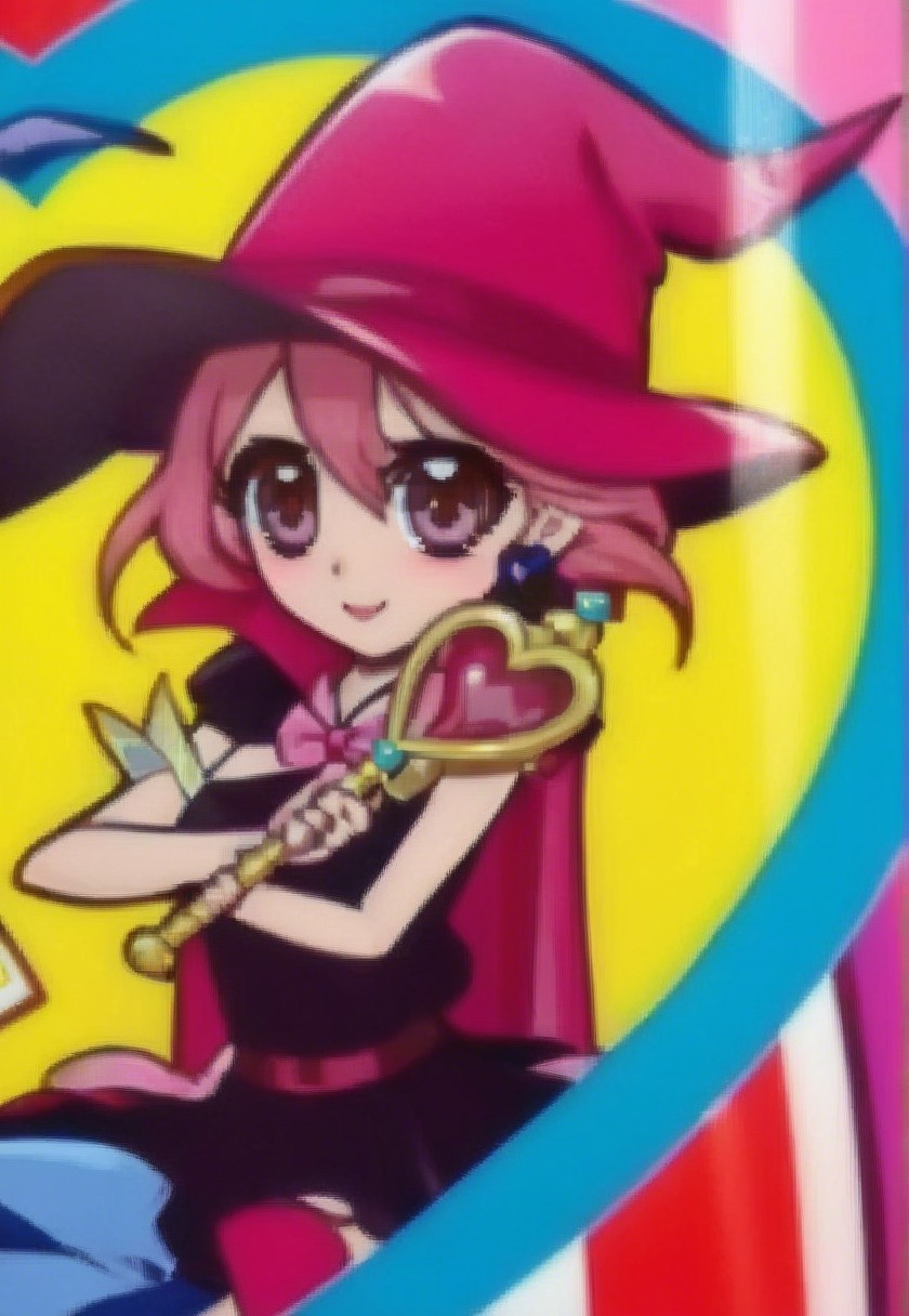 Cheerful Anime Witch Girl with Magical Staff and Patterns