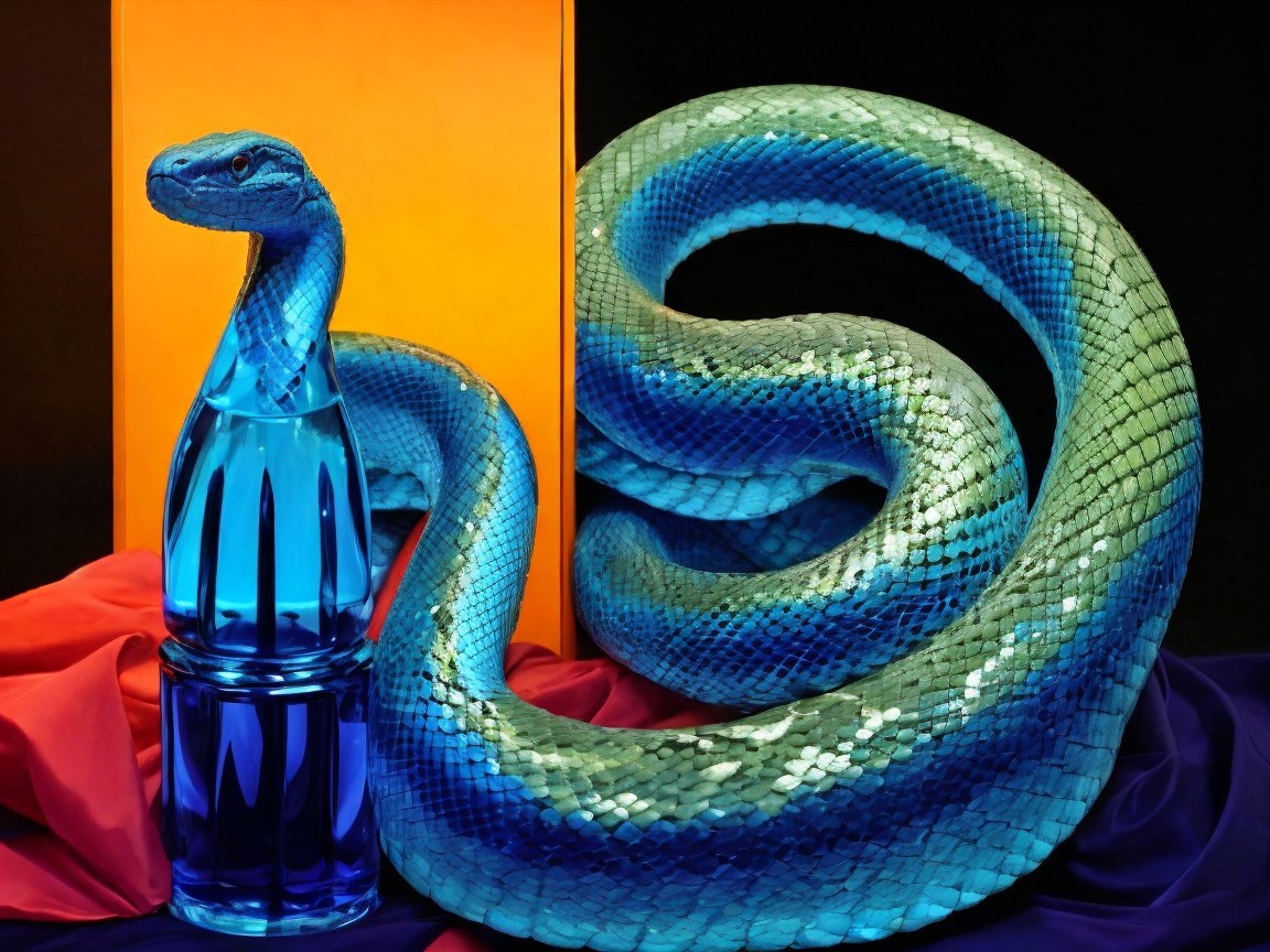 Blue Snake Coiling Around Transparent Blue Bottle