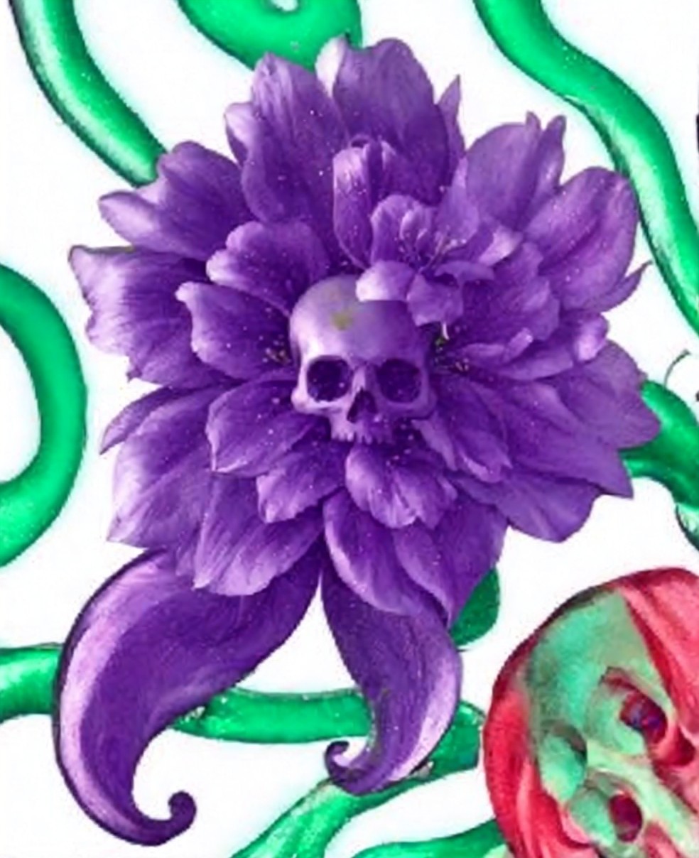 Purple Flower with Skull Surrounded by Green Vines