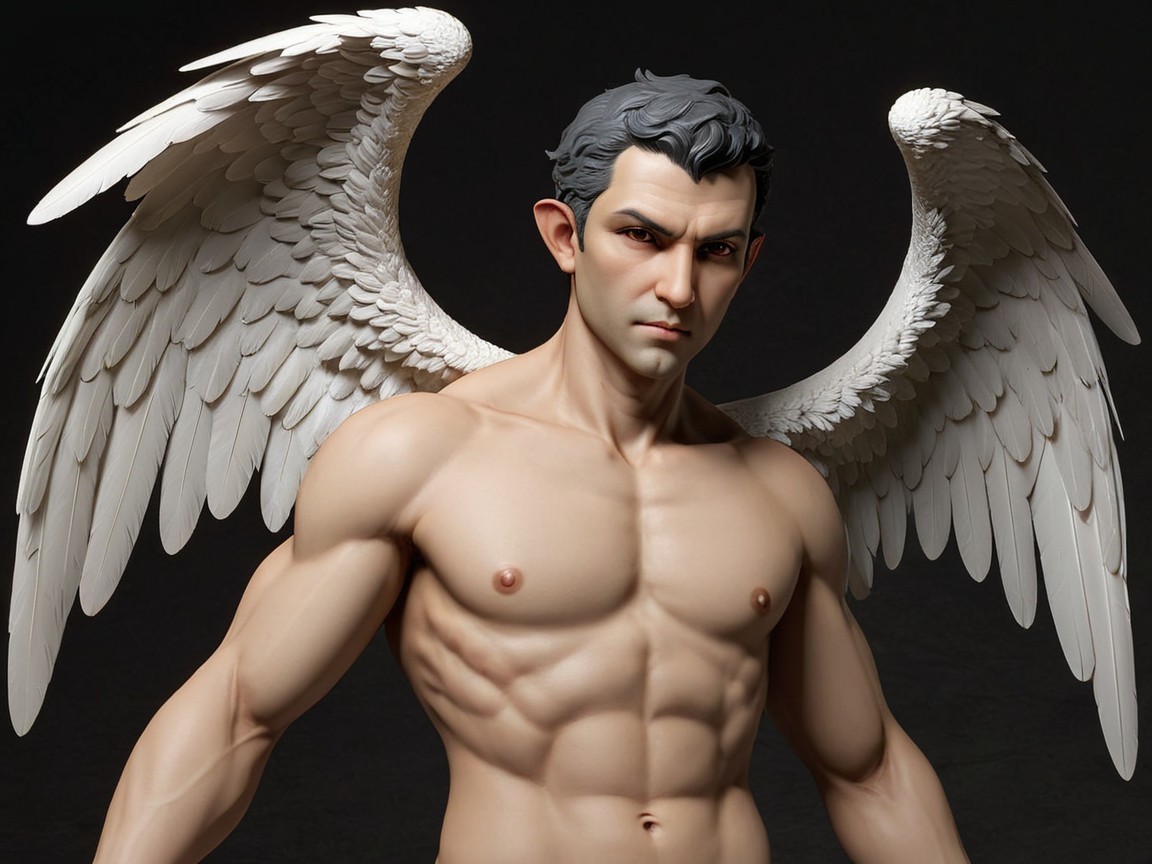 Muscular Male Figure with Intricate White Wings