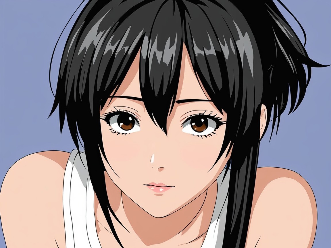 Close-up of an anime character with black hair and smile