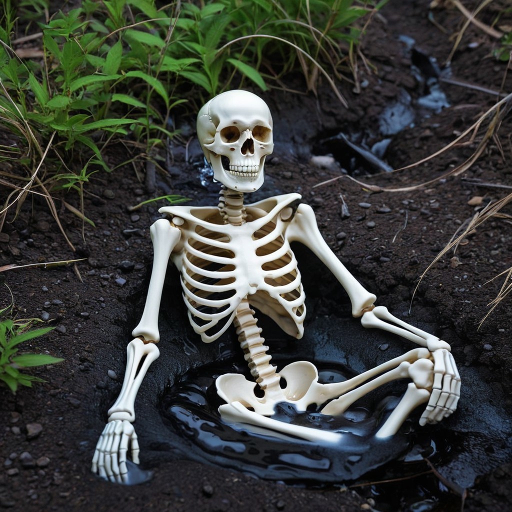 Skeleton in Muddy Ground Surrounded by Greenery