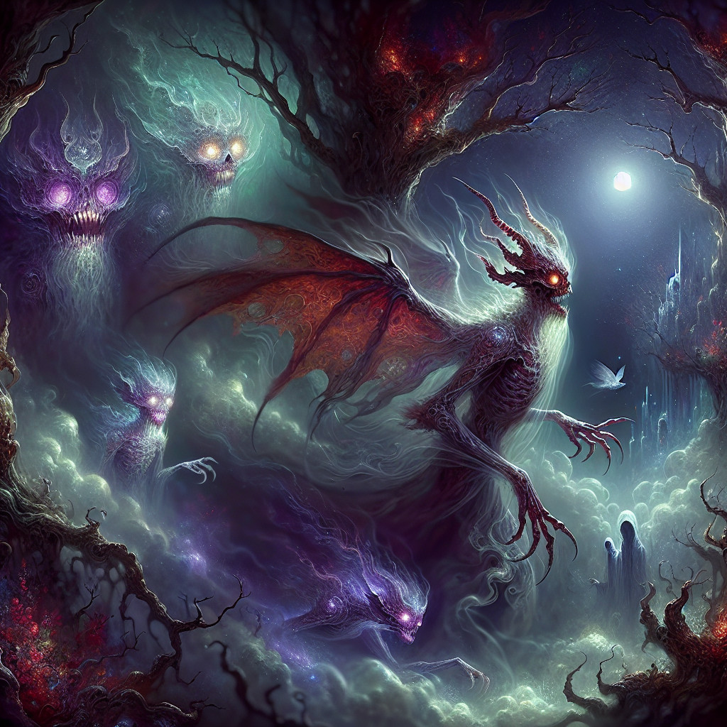 Ethereal Scene with Sinister Figure and Ghostly Entities