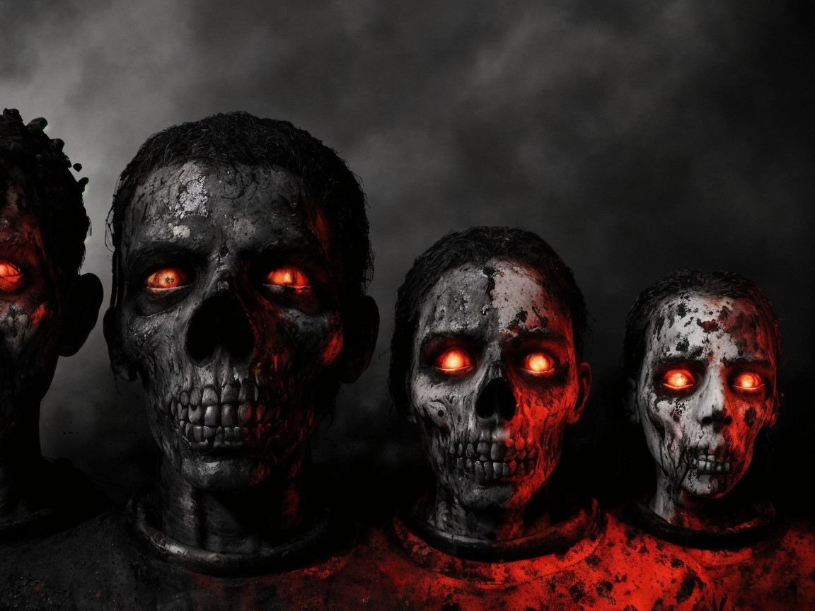 Eerie Lineup of Ghastly Figures with Red Eyes