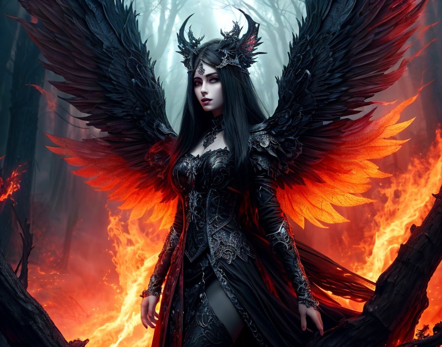 Ethereal Figure in Black Armor with Fiery Wings