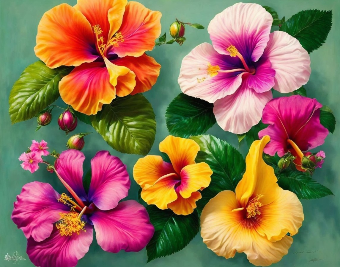 Vibrant Artwork Featuring Colorful Hibiscus Flowers