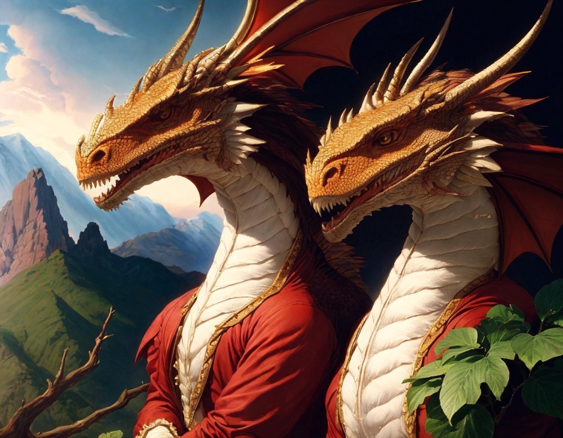 Dragons in Red Robes Against Majestic Mountain Landscape