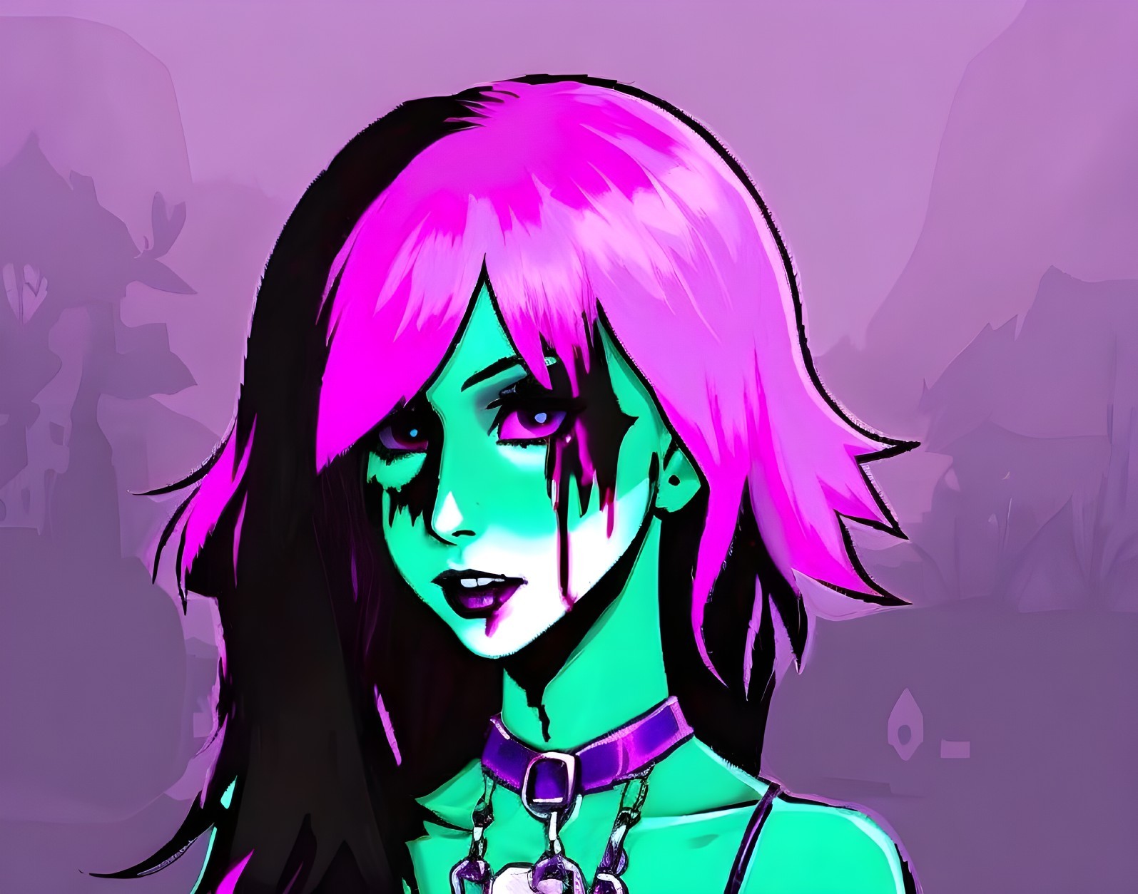 Stylized character with pink hair and greenish skin
