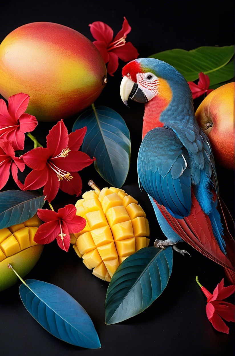 Vibrant Parrot Among Mangoes and Hibiscus Flowers
