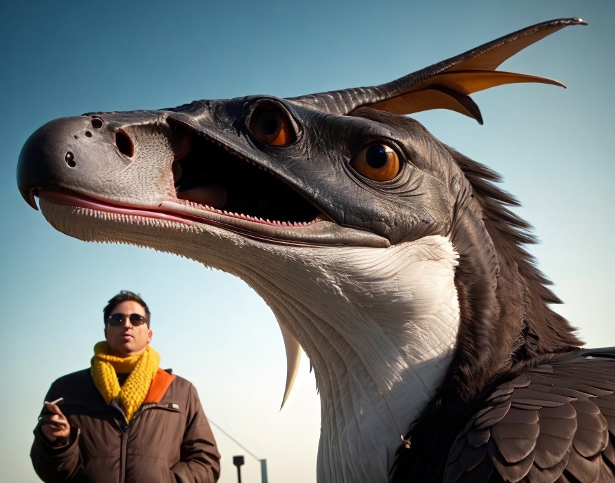 Person Poses with Detailed Dragon-Like Creature
