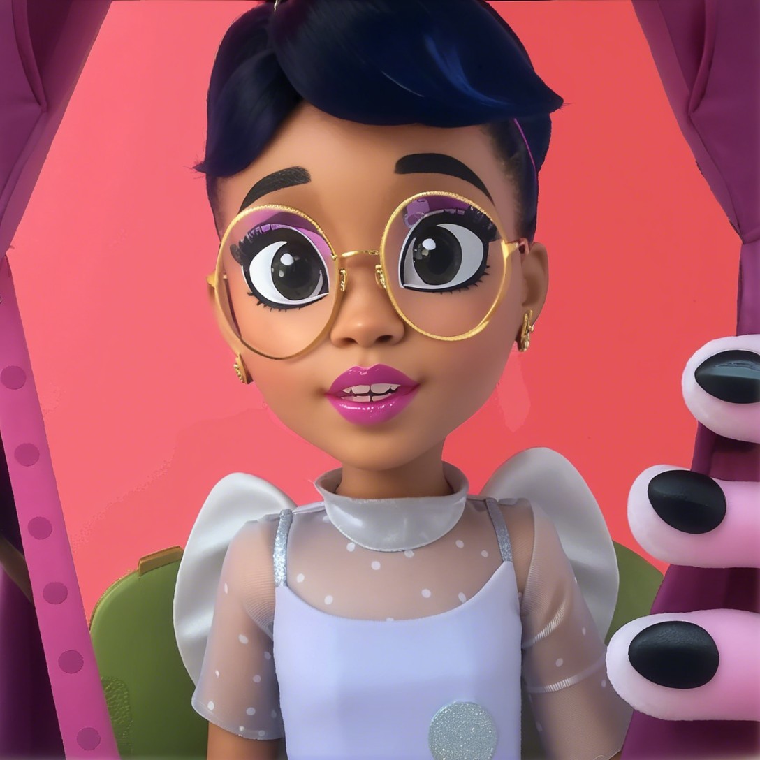 Stylized doll with expressive eyes and trendy outfit