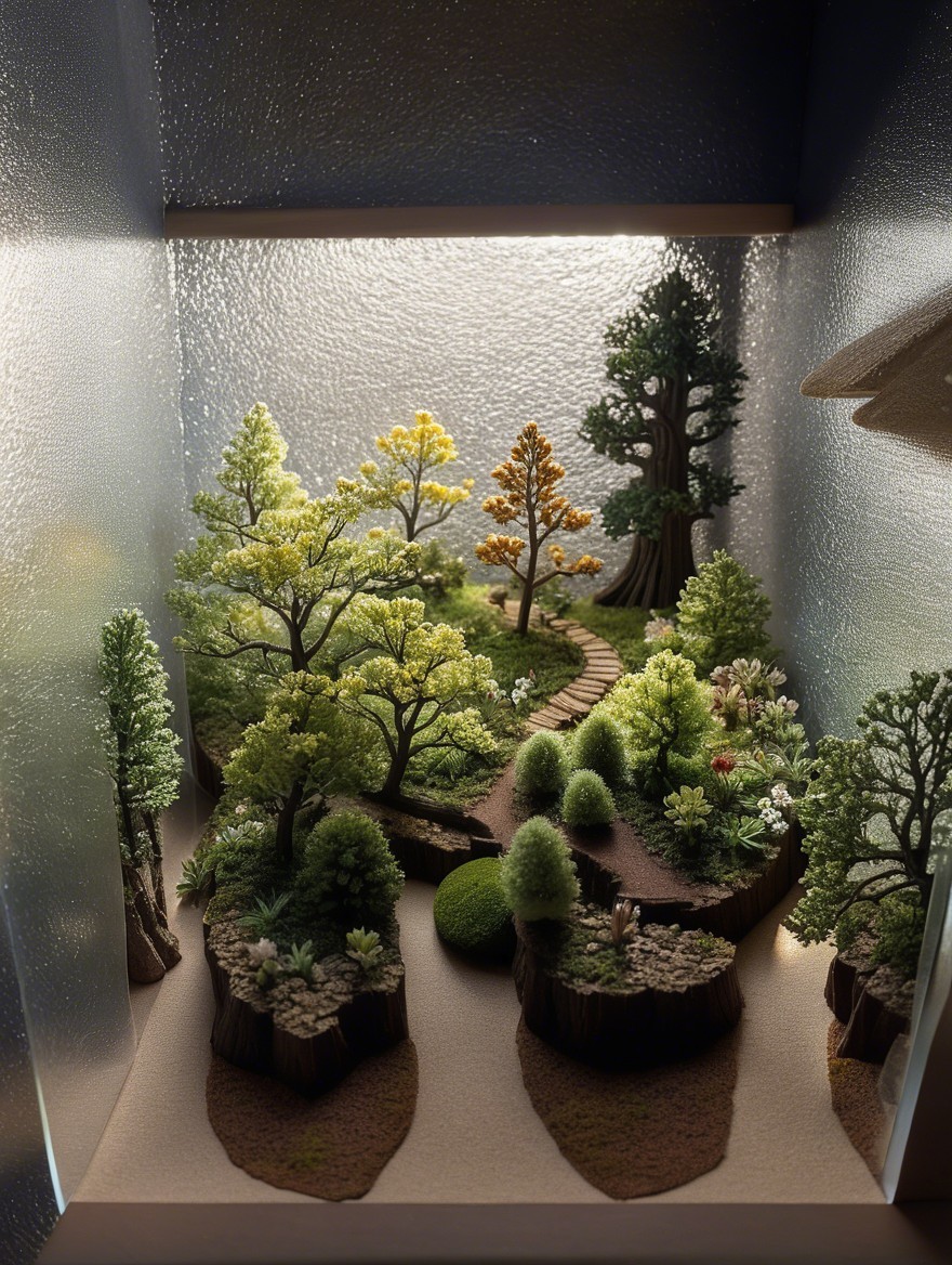 Miniature Forest Scene in Glass Box with Lush Vegetation