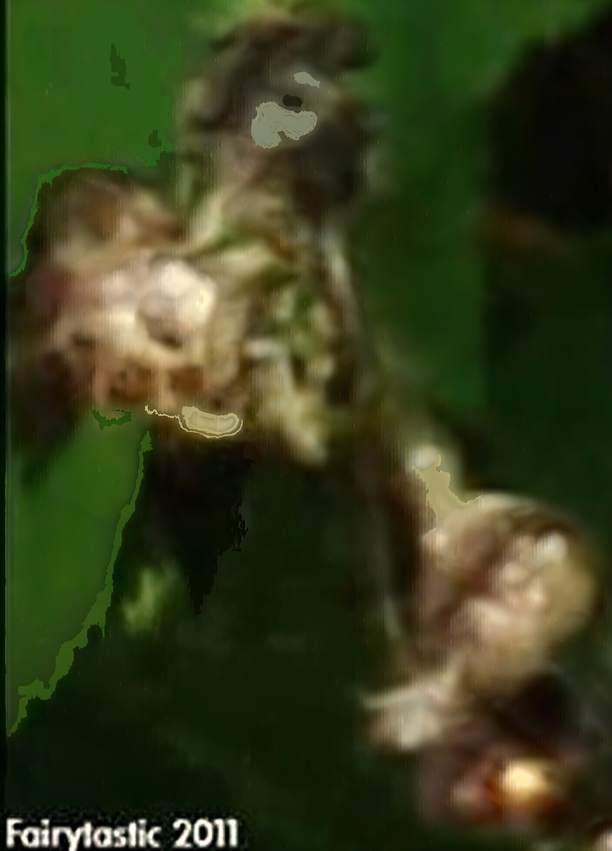 Blurred Figure in Green Hues with Whimsical Elements