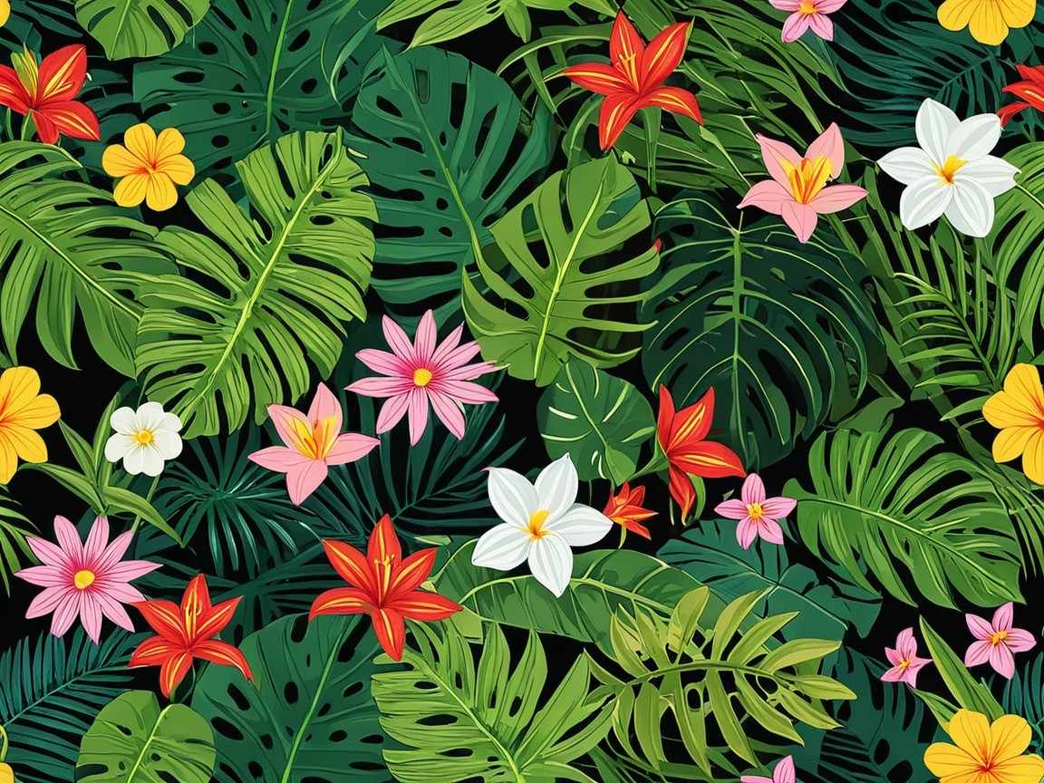Vibrant Tropical Pattern with Green Leaves and Flowers