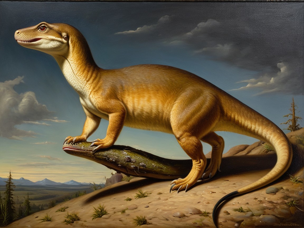 Lifelike depiction of a prehistoric creature on a rock