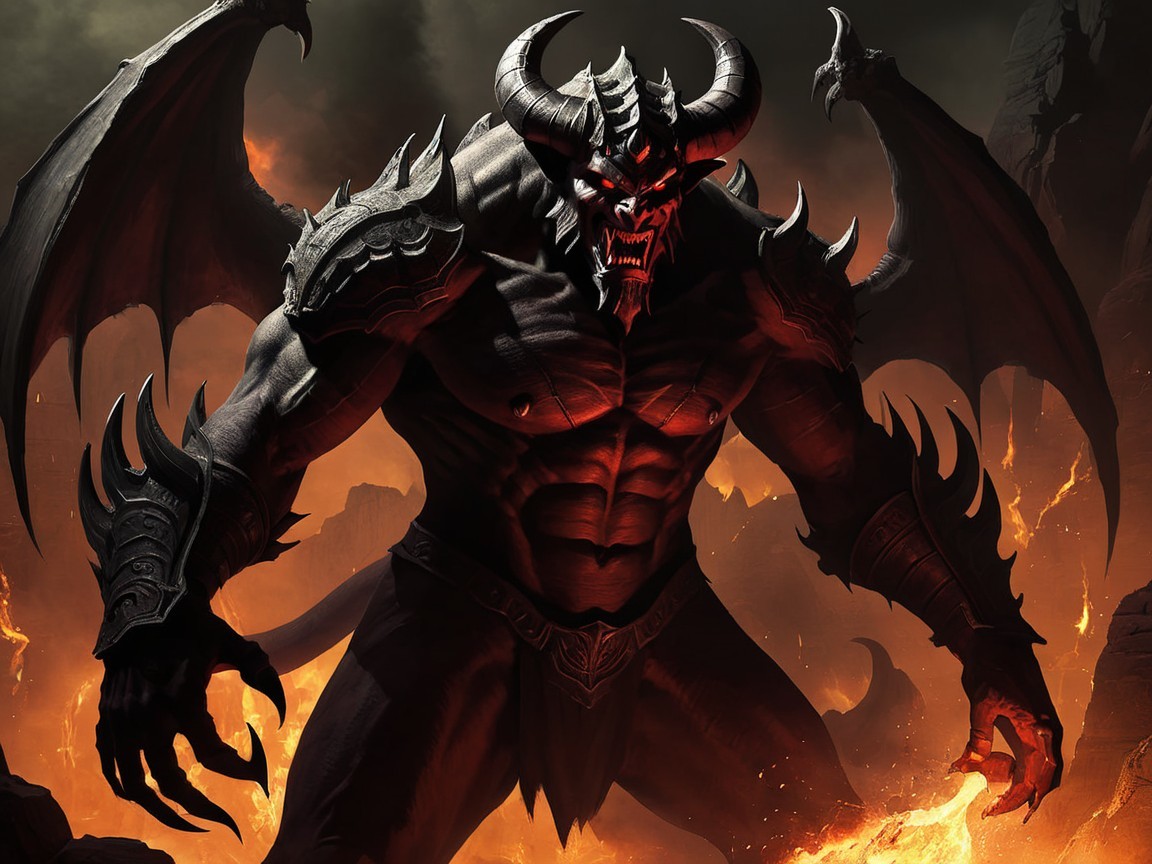 Muscular Demon in Fiery Landscape with Bat-like Wings