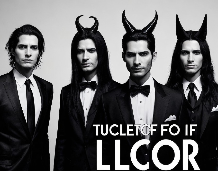 Four Men in Tuxedos with Horns Against White Background