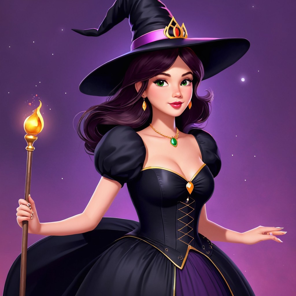 Stylish Witch in Chic Black Dress with Glowing Staff