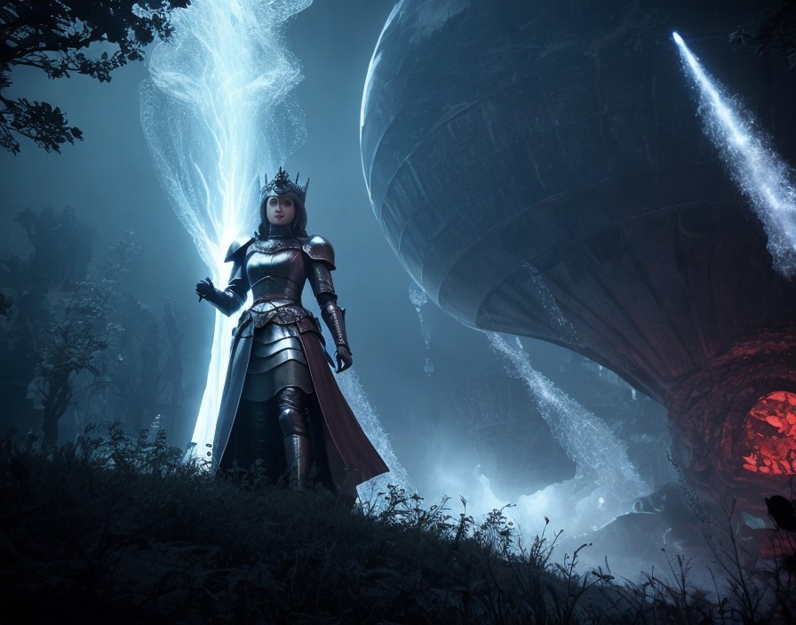 Mystical Landscape with Armored Figure and Glowing Staff