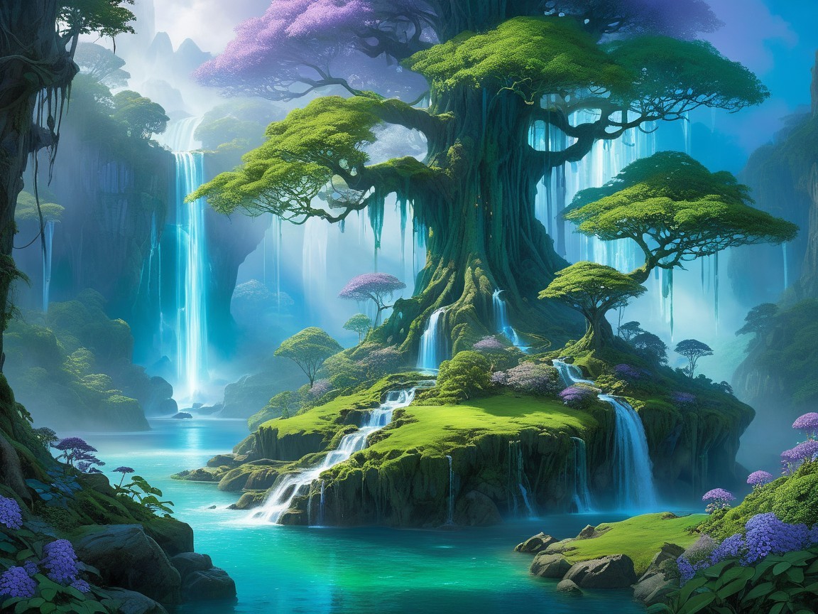 Fantasy Landscape with Ancient Tree and Waterfalls