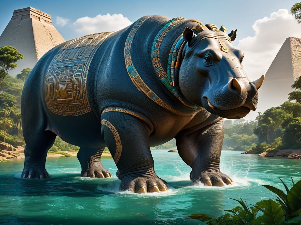 Hippopotamus in River with Pyramids and Jewelry