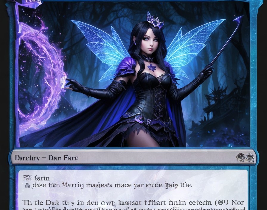 Mystical figure with blue wings in dark forest setting