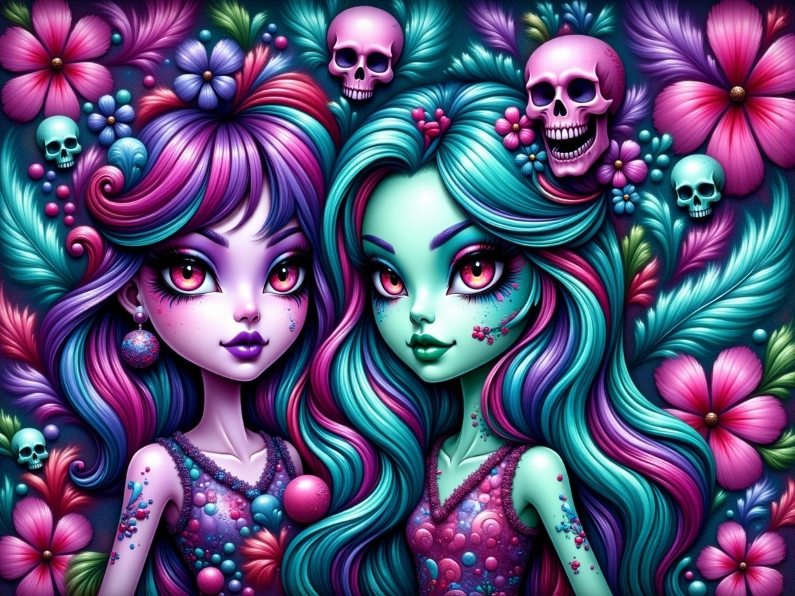 Whimsical Illustration of Doll-like Characters in Floral Scene