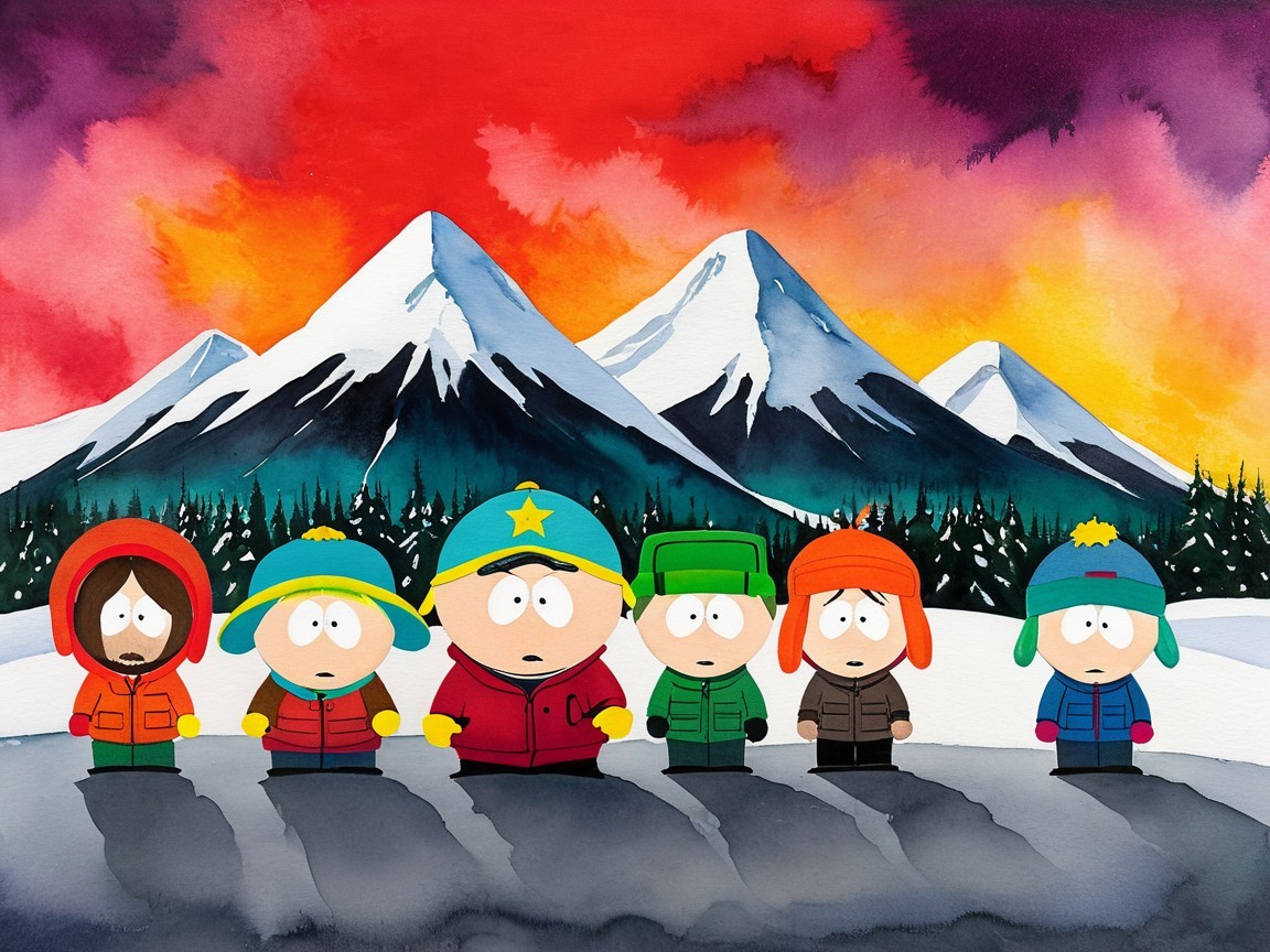 Winter Landscape with Colorful Characters on Snowy Path