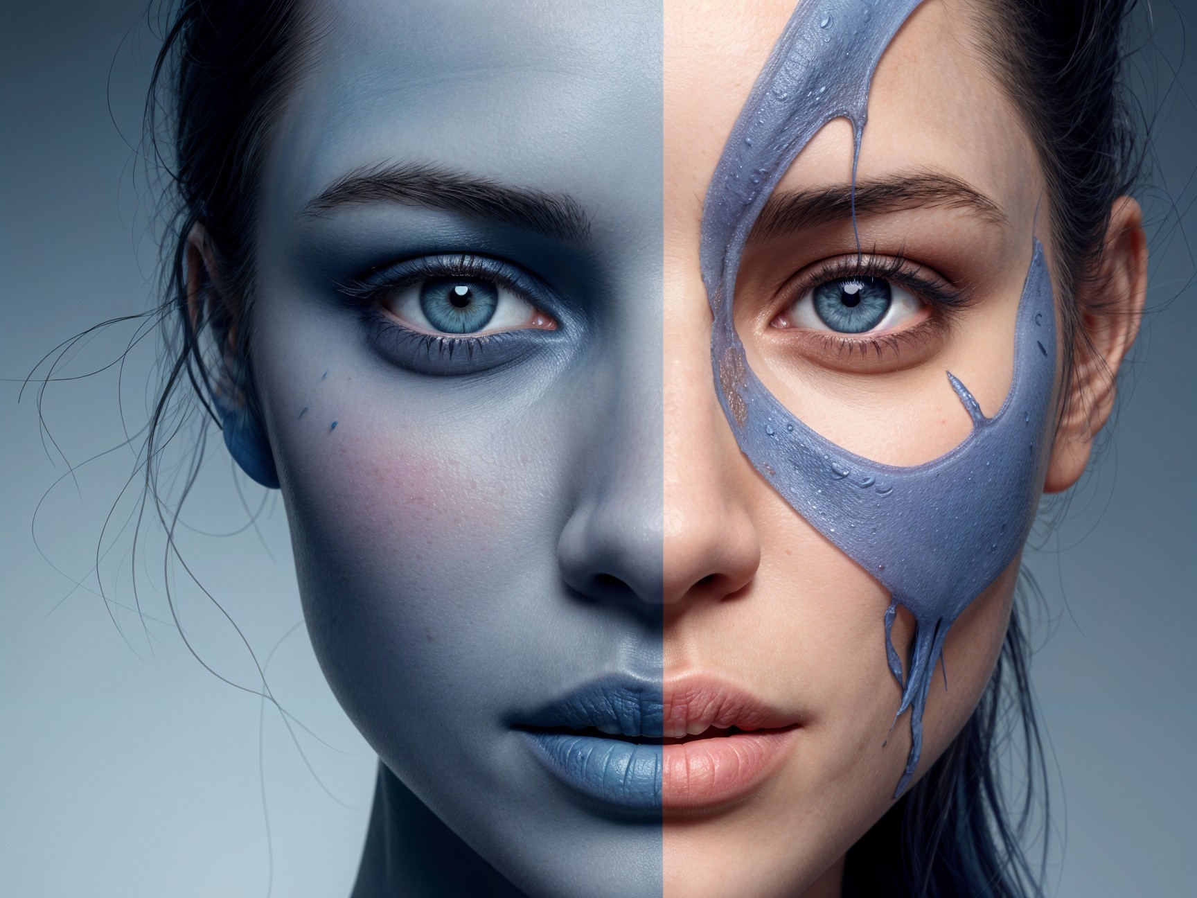 Woman Portrait with Blue and Natural Skin Tone Split