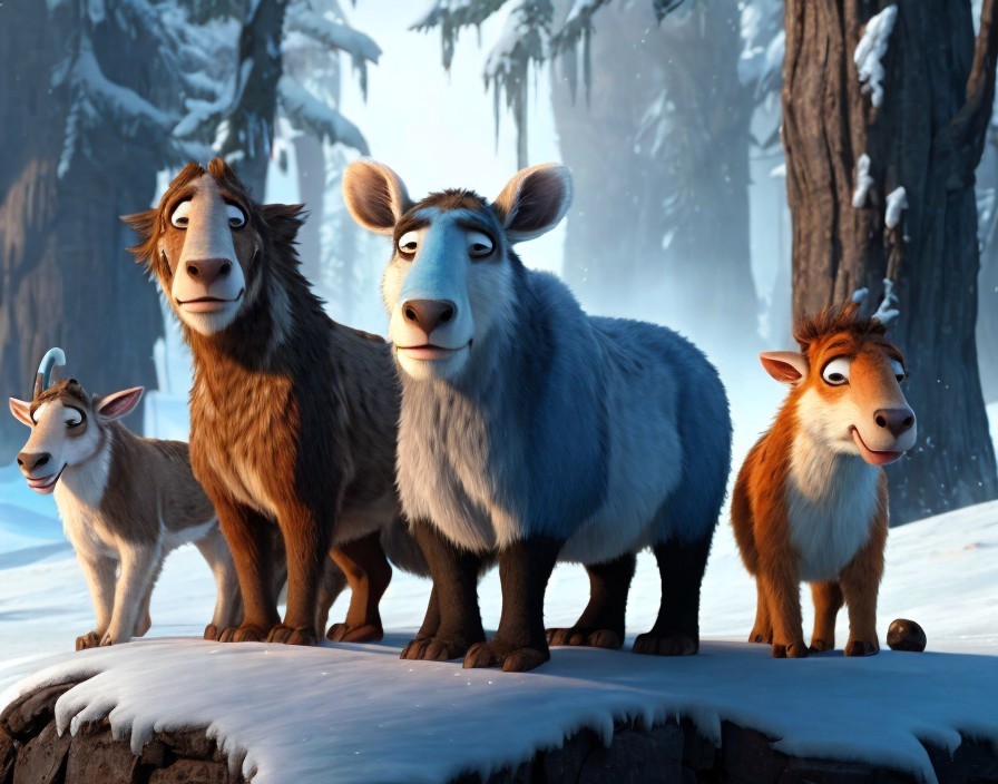 Animated Animals in a Snowy Forest Scene