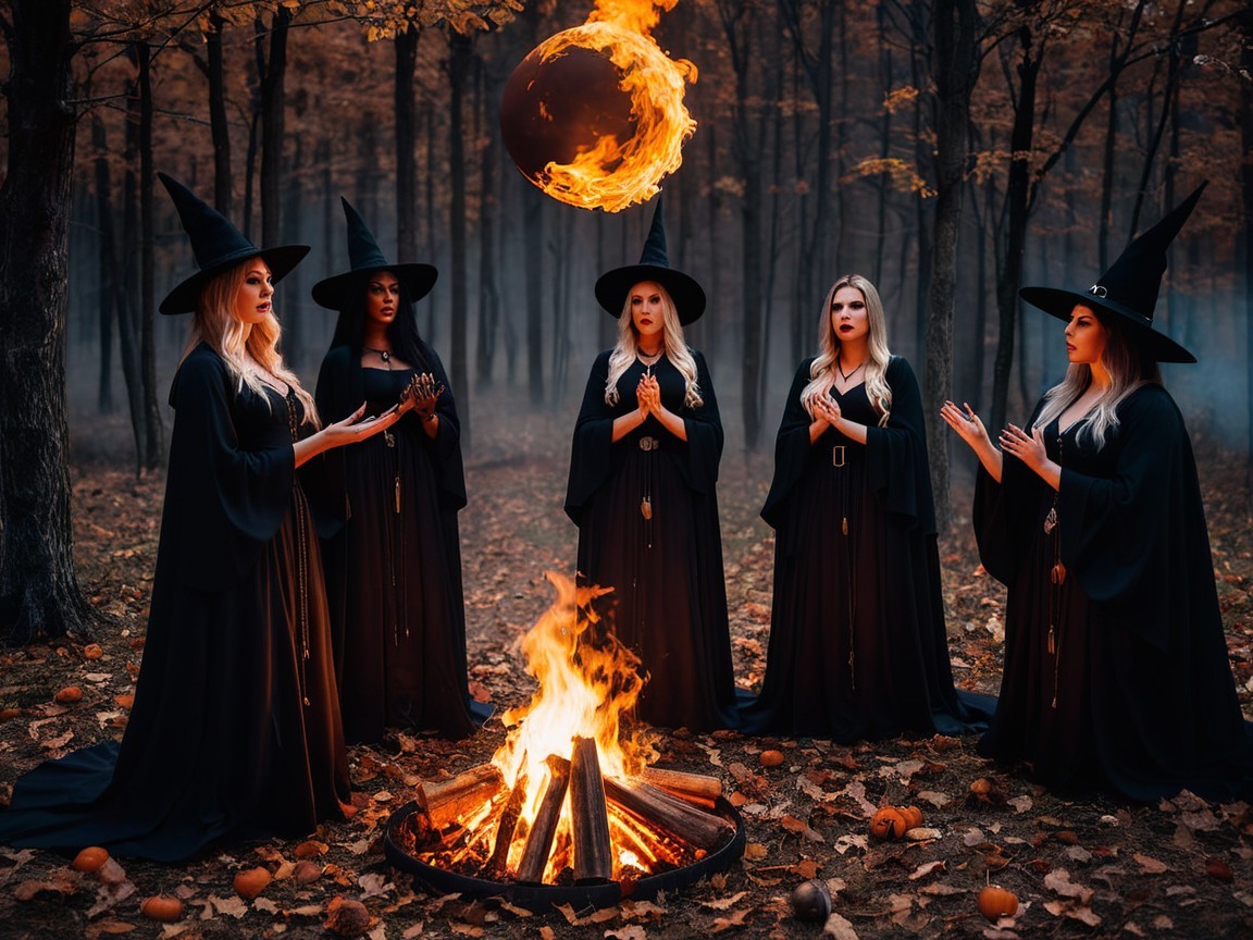 Witches Casting Spells by a Campfire in Twilight Forest