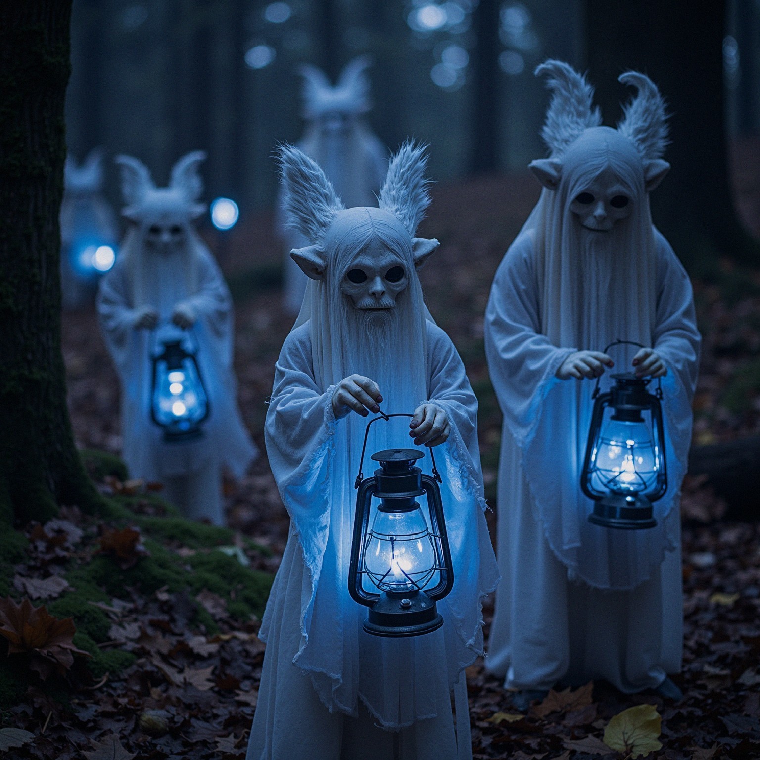 Eerie Figures in a Misty Forest with Lanterns