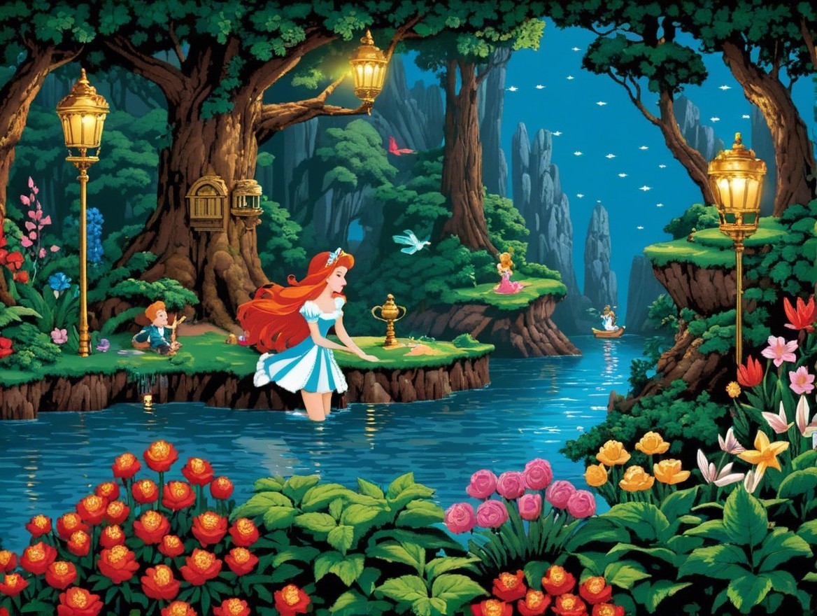 Magical Forest Scene with Young Girl and Lanterns