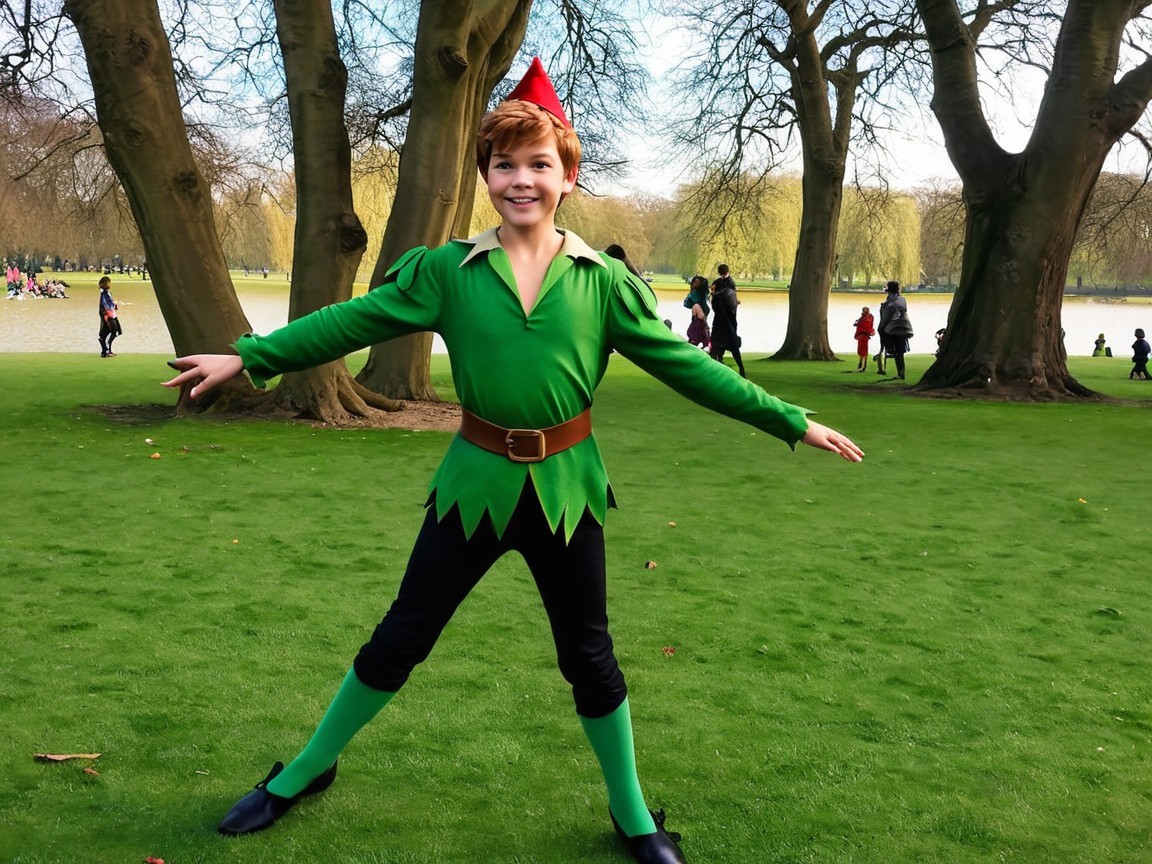 Young Boy in Peter Pan Costume on Green Lawn