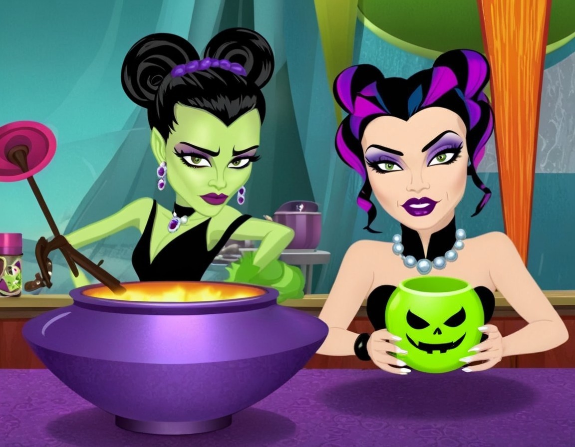 Spooky Animated Characters with Cauldron and Drinks