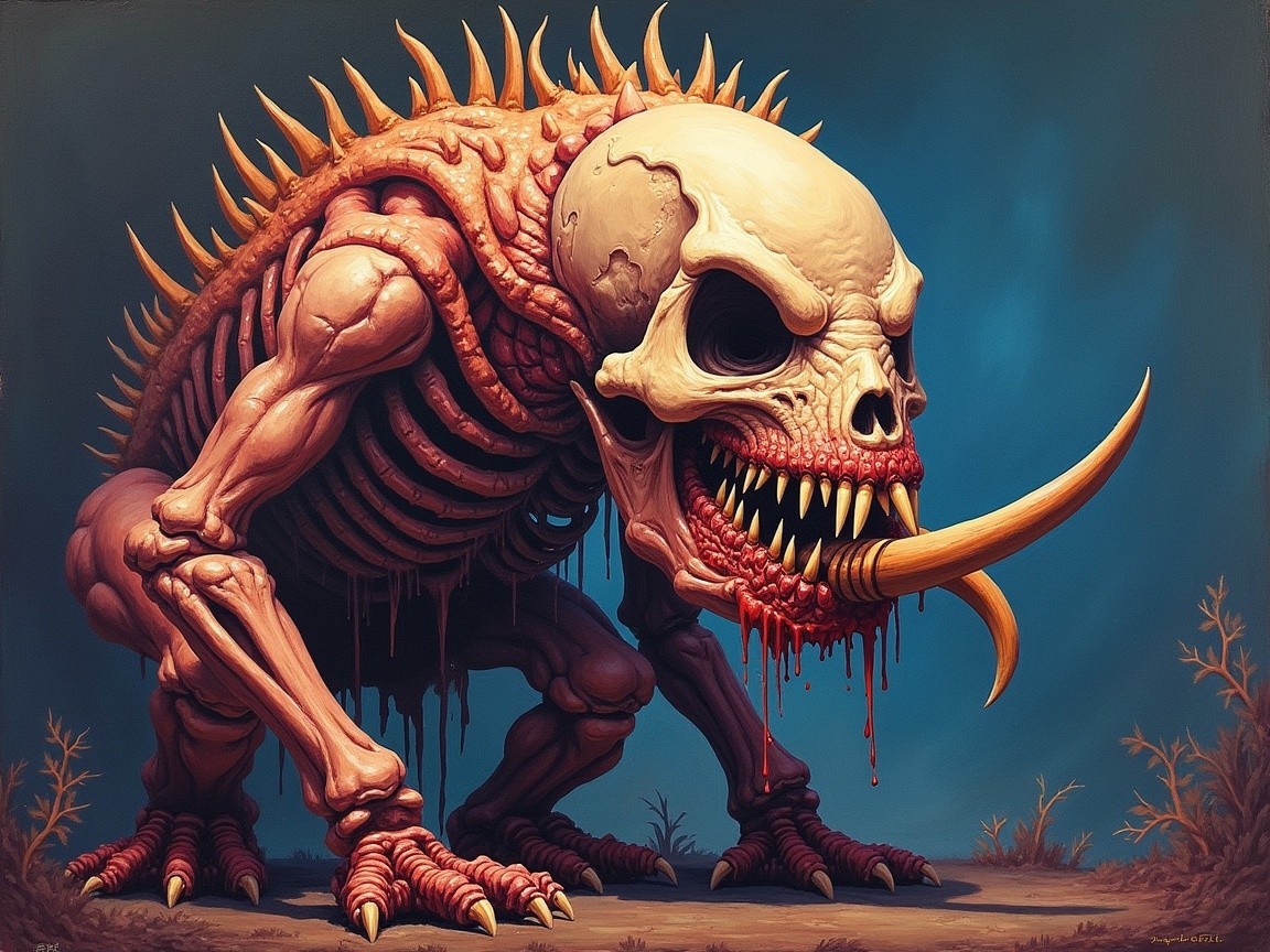 Grotesque creature with skeletal structure and spines