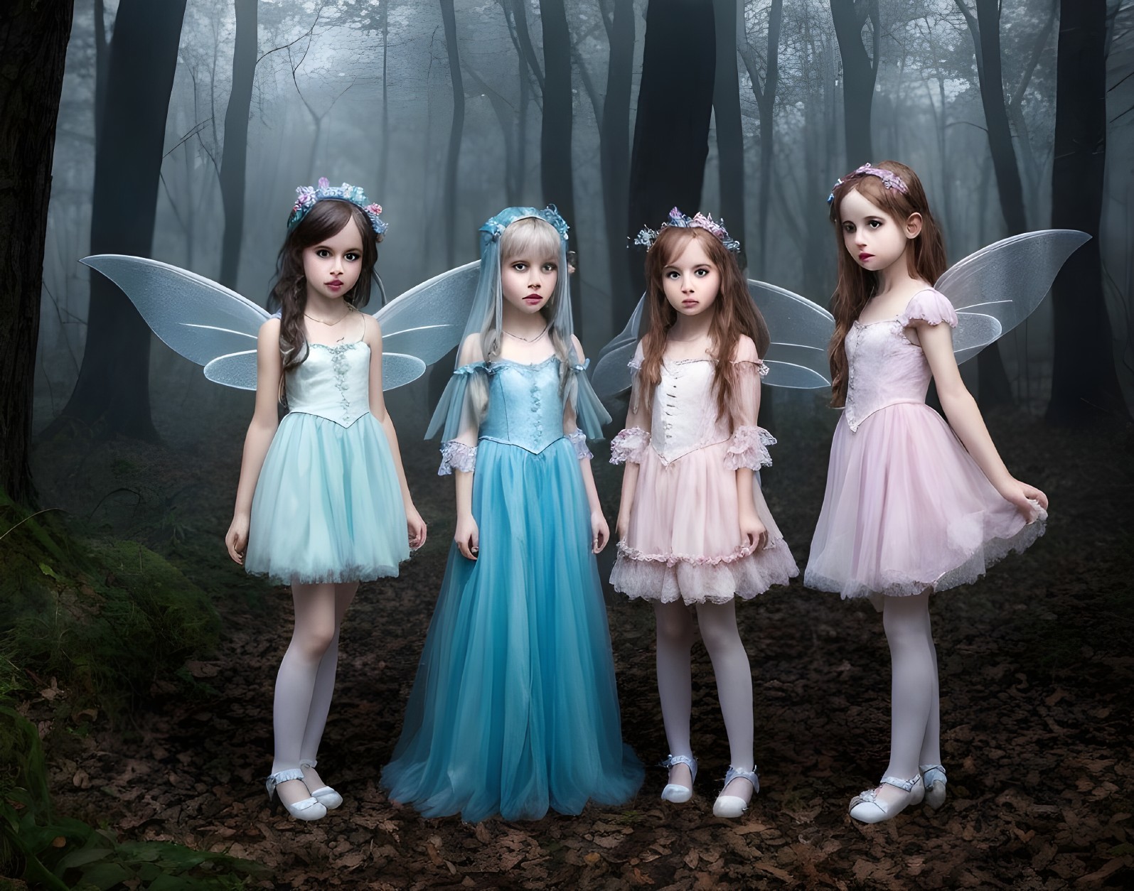 Three Girls in Fairy Costumes in a Misty Forest