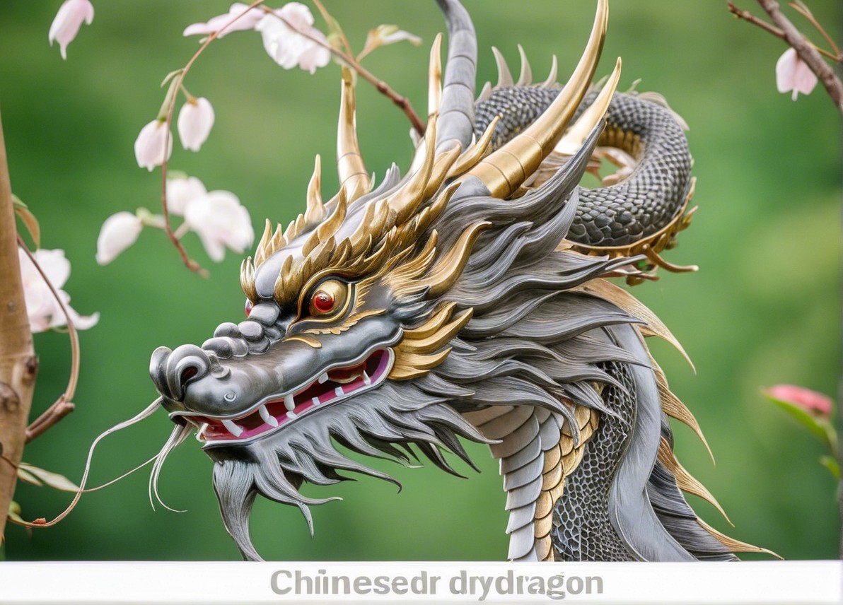 Detailed Dragon Sculpture Surrounded by Cherry Blossoms