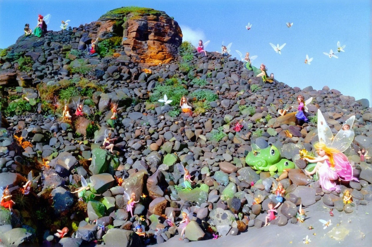 Whimsical Fairies and Frog on Rocky Hillside Scene