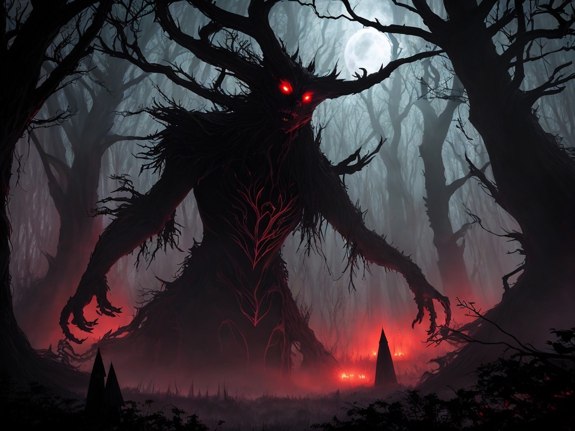 Menacing Figure in a Dark Foggy Forest Scene