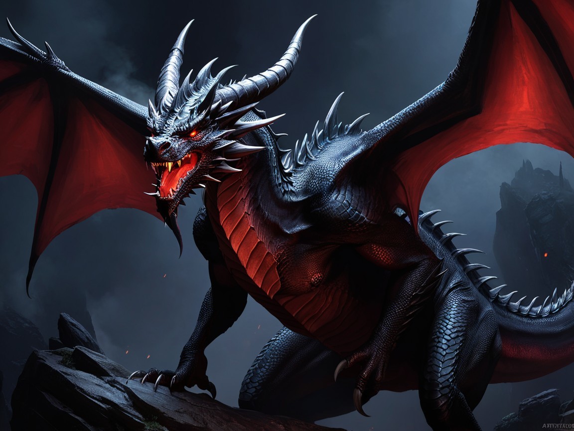 Majestic Black Dragon on Rocky Outcrop at Twilight