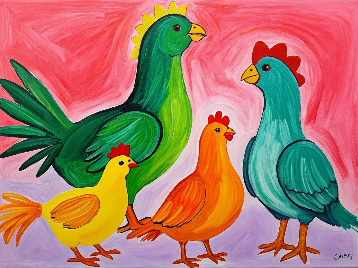 Whimsical Painting of Colorful Chickens on Vibrant Background
