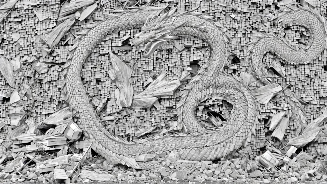 Intricate Dragon Carving on Textured Surface with Wood