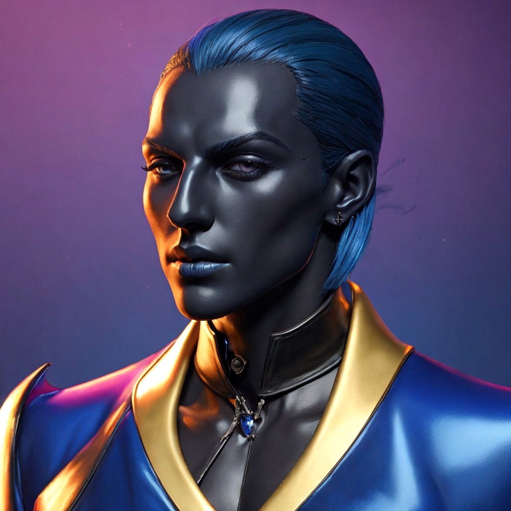 Striking Figure with Blue Hairstyle and Regal Attire